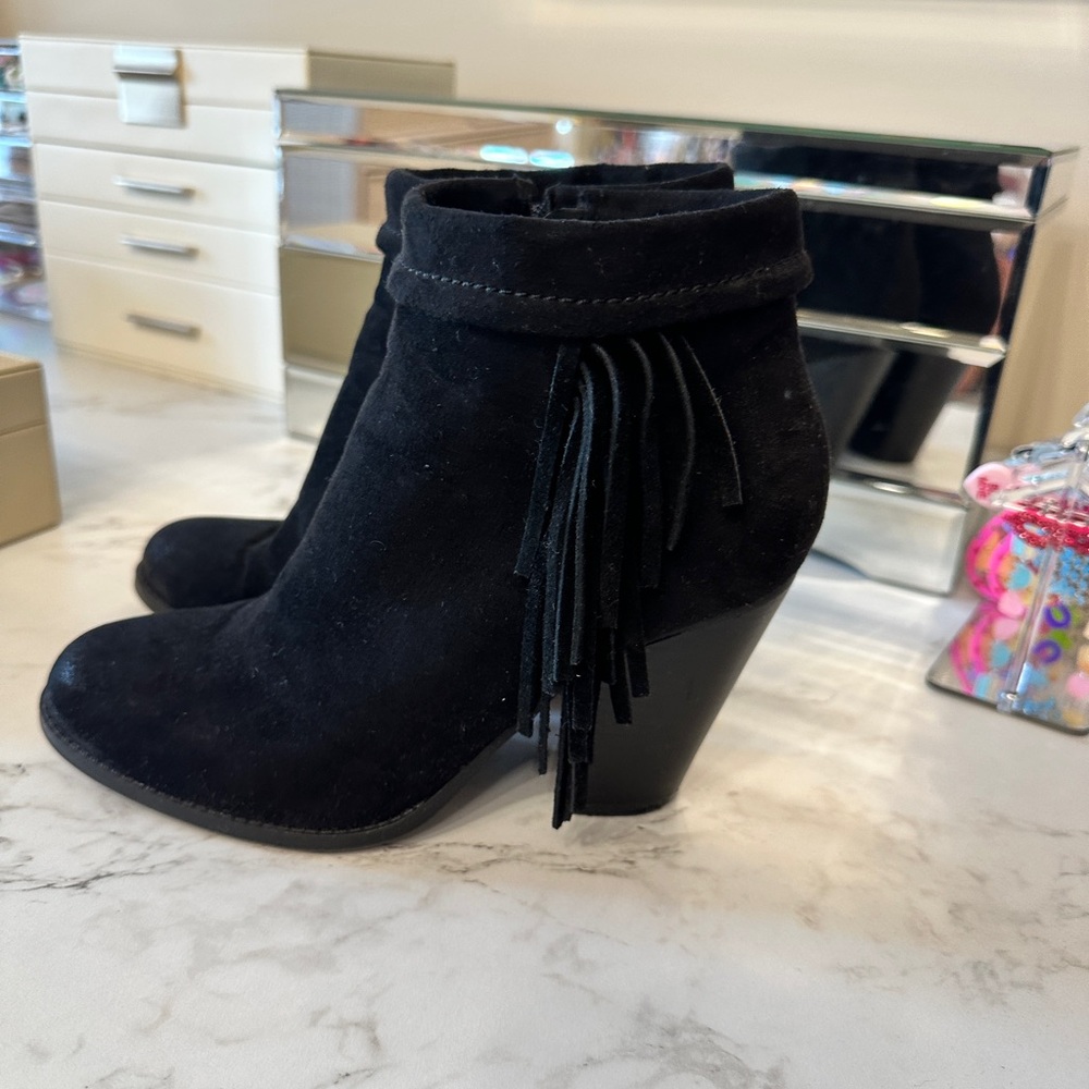 Black Suede Ankle Boots with Fringe